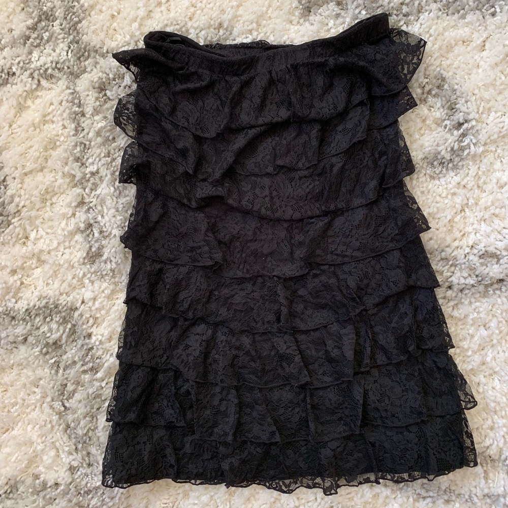 Express strapless fitted black lace ruffle dress